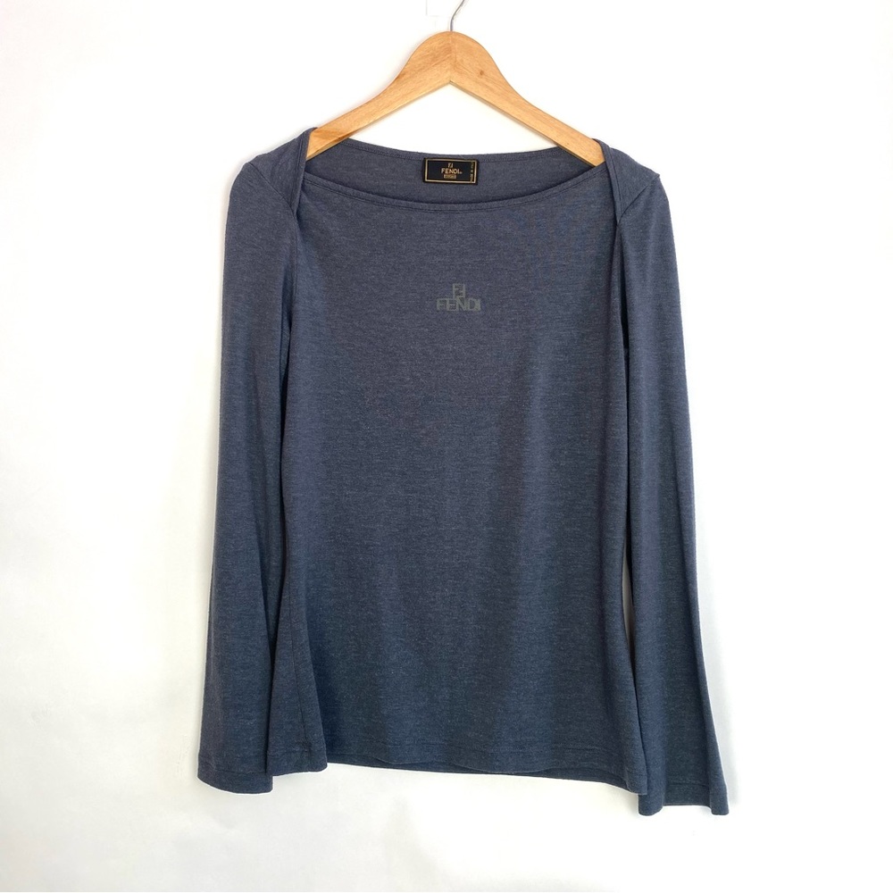 Fendi FF Logo Long Sleeve Grey Scoop Neck Top S-M